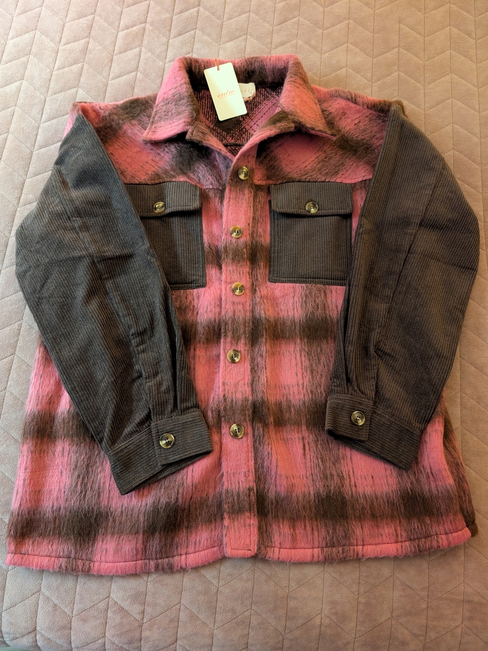 Entro Pink and Brown Plaid Corduroy-Sleeve Shacket, Size L